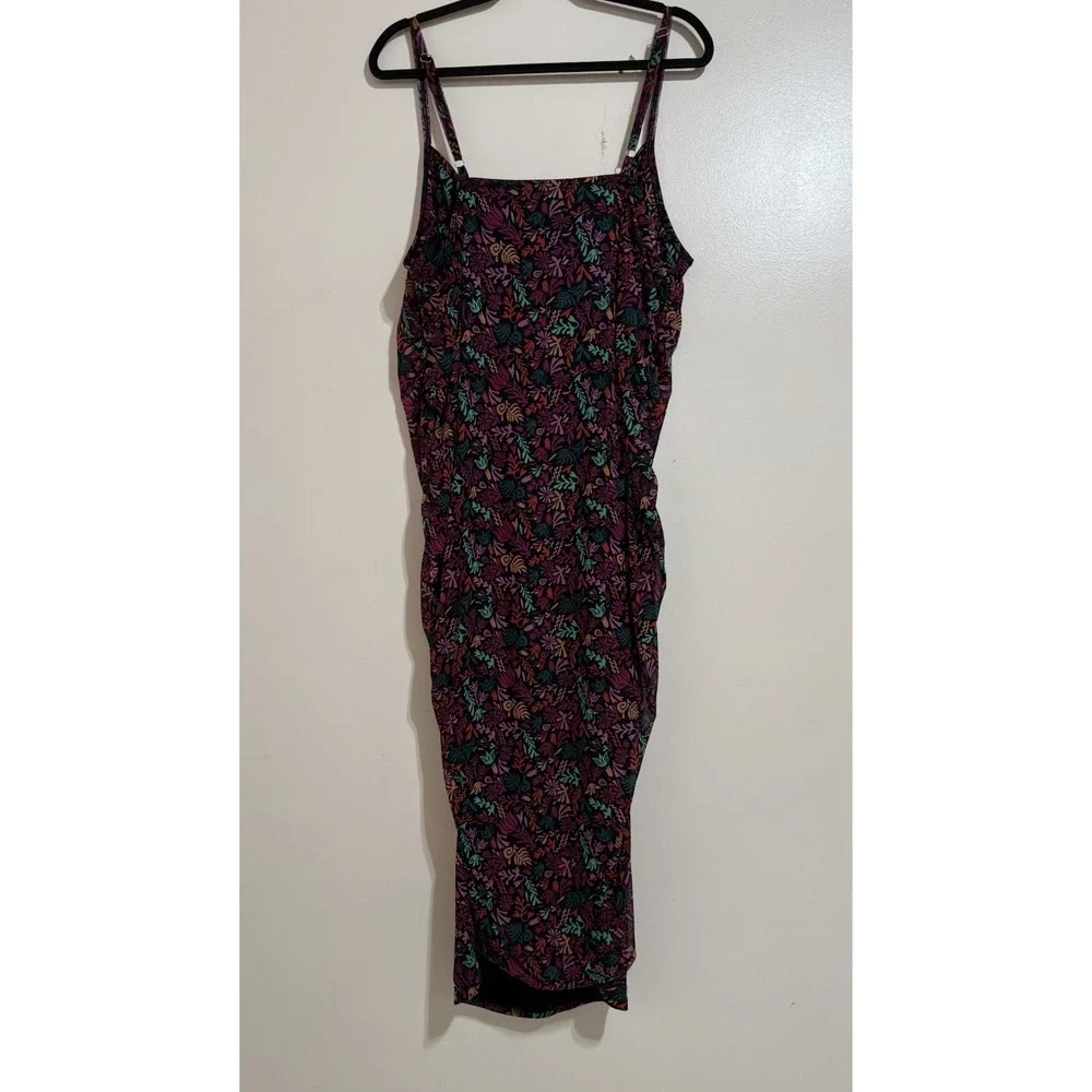 Ava &‎ Viv Women's Black Floral Print Lined Mesh Spaghetti Ruched Dress 2X